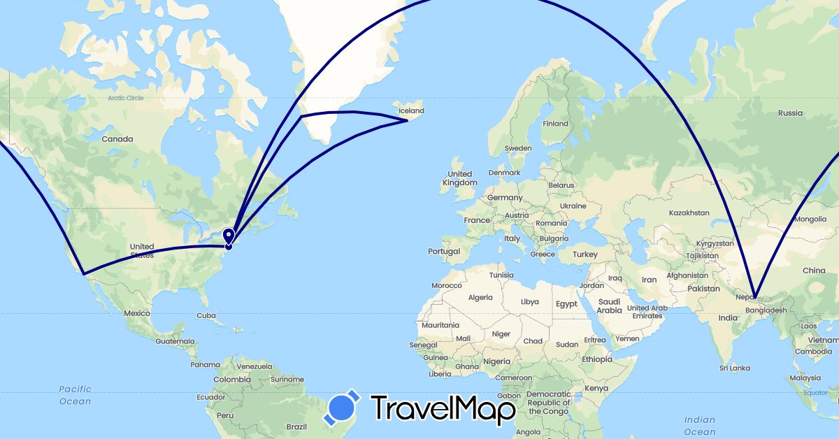 TravelMap itinerary: driving in Greenland, Iceland, Nepal, United States (Asia, Europe, North America)